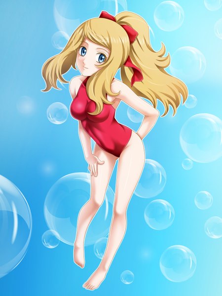 Anime picture 1200x1600 with pokemon pokemon xy nintendo serena (pokemon) tamamon single long hair tall image looking at viewer blue eyes light erotic blonde hair ponytail girl bow swimsuit hair bow one-piece swimsuit bubble (bubbles)