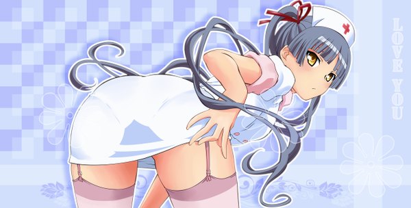 Anime picture 2560x1300 with maria holic shaft (studio) shinouji matsurika single long hair highres light erotic wide image twintails yellow eyes looking back grey hair bent over nurse checkered background girl thighhighs white thighhighs nurse cap