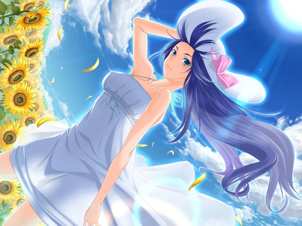 Anime picture 1600x1200 with original nekomata yotsuba single long hair blue eyes bare shoulders blue hair sky cloud (clouds) wind lens flare girl dress flower (flowers) hat petals sundress sunflower
