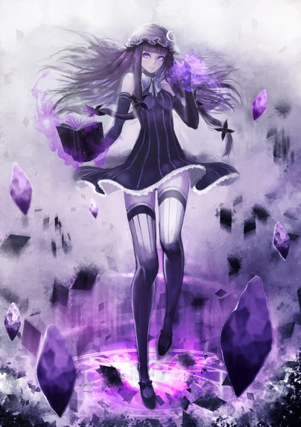 Anime picture 2480x3507 with touhou patchouli knowledge sola7764 single long hair tall image highres purple eyes purple hair full body magic girl thighhighs dress gloves elbow gloves book (books) bonnet magic circle