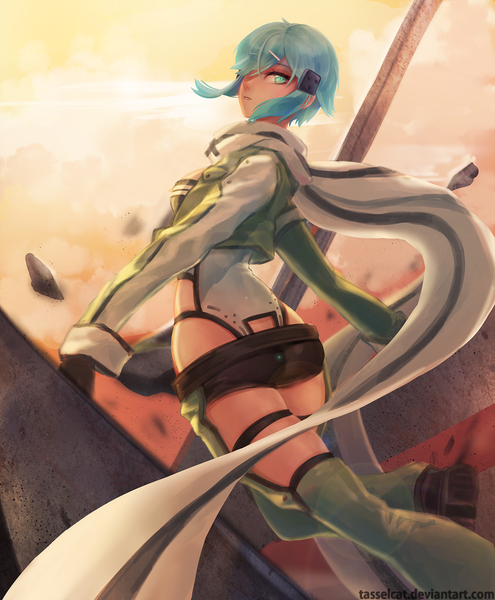 Anime picture 1000x1212 with sword art online a-1 pictures asada shino tasselcat single tall image looking at viewer fringe short hair green eyes looking back aqua hair spread arms girl hair ornament shorts boots hairclip scarf bobby pin