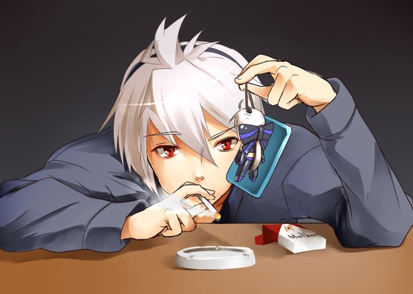 Anime picture 1400x1000 with vocaloid utau yowane haku honne dell tadano magu short hair red eyes silver hair ahoge smoke smoking boy shirt cigarette