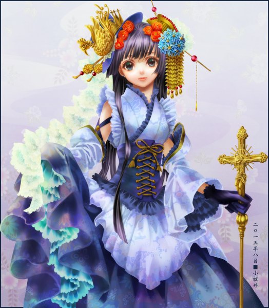 Anime picture 1112x1272 with original yuzu 5101 single long hair tall image looking at viewer black hair black eyes girl dress gloves hair ornament flower (flowers) frills cross