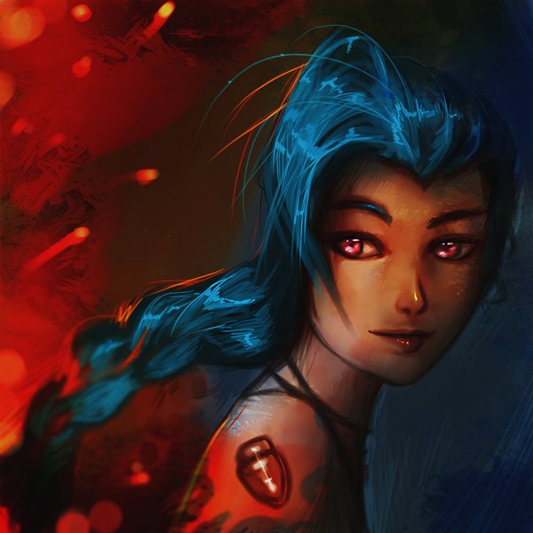 Anime picture 1500x1500 with league of legends jinx (league of legends) ryky single long hair bare shoulders blue hair braid (braids) pink eyes lips tattoo close-up face explosion girl choker