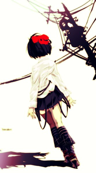 Anime picture 1023x1847 with original mubouou aasaa single tall image short hair black hair simple background white background blue hair from behind shadow legs back gothic girl skirt bow hair bow shirt socks