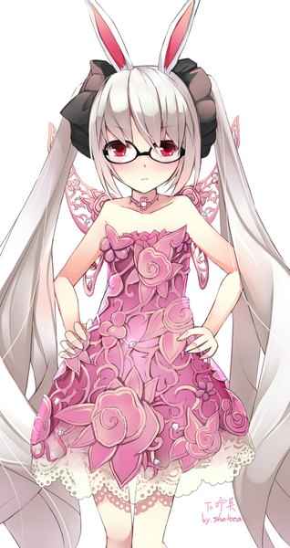 Anime picture 1147x2160 with blade & soul lyn (blade & soul) sheltea single tall image looking at viewer blush fringe simple background red eyes white background twintails signed animal ears white hair very long hair bunny girl girl dress flower (flowers)