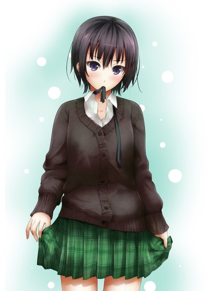 Anime picture 1426x2000 with boku wa tomodachi ga sukunai mikazuki yozora yoshida takuma single tall image looking at viewer blush short hair black hair purple eyes open collar girl skirt uniform school uniform sweater green skirt