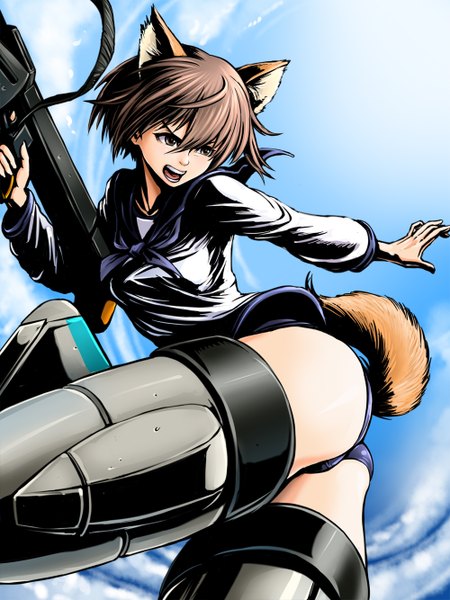 Anime picture 1000x1334 with strike witches miyafuji yoshika amaguchi chiyoko single tall image short hair open mouth light erotic black hair holding brown eyes animal ears looking away ass outdoors tail animal tail cat ears from below leaning