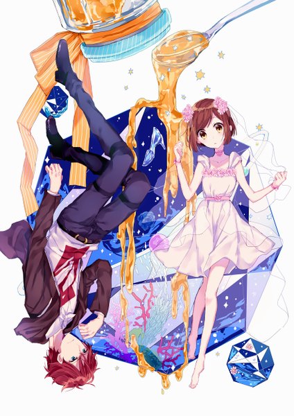 Anime picture 883x1249 with dance with devils brains base (studio) tachibana ritsuka tachibana lind bcoca tall image short hair blue eyes simple background brown hair white background yellow eyes full body bent knee (knees) red hair barefoot hair flower upside down brother and sister rotational symmetry