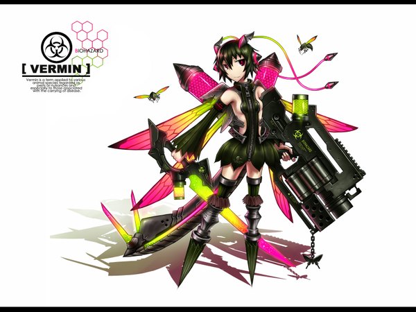 Anime picture 1600x1200 with original gia short hair black hair red eyes letterboxed sword wings gun