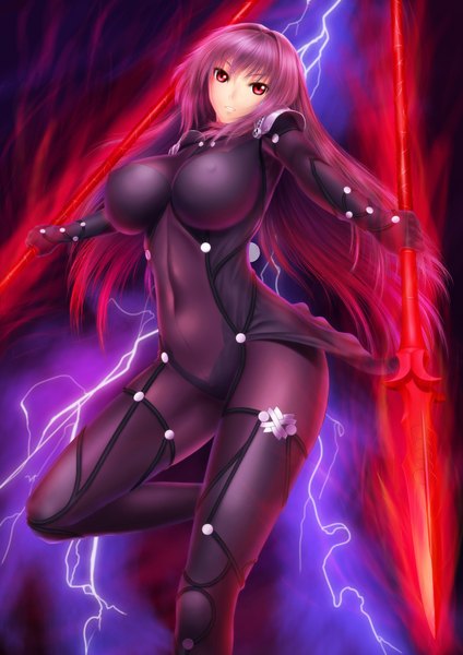 Anime picture 1500x2121 with fate (series) fate/grand order scathach (fate) (all) scathach (fate) masatoki single long hair tall image looking at viewer breasts light erotic red eyes large breasts purple hair lightning girl weapon bodysuit