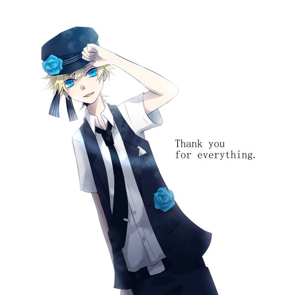 Anime picture 1550x1600 with vocaloid kagamine len tagme (artist) single tall image short hair open mouth simple background blonde hair white background aqua eyes text english boy uniform flower (flowers) hat shirt necktie white shirt