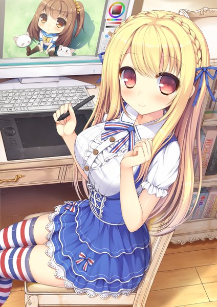 Anime picture 1000x1415 with original taiki ken long hair tall image looking at viewer blush fringe breasts blonde hair smile red eyes brown hair large breasts sitting brown eyes girl thighhighs dress ribbon (ribbons) hair ribbon