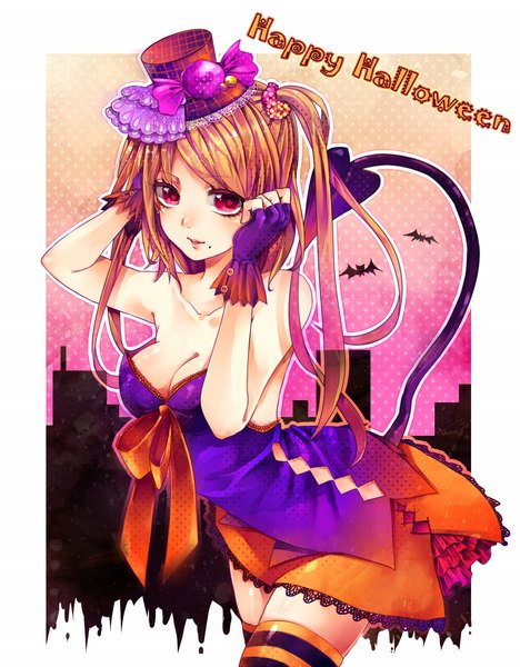 Anime picture 1000x1280 with original wakatsuki you single long hair tall image looking at viewer light erotic red eyes bare shoulders tail orange hair halloween happy halloween girl thighhighs dress hat food sweets fingerless gloves