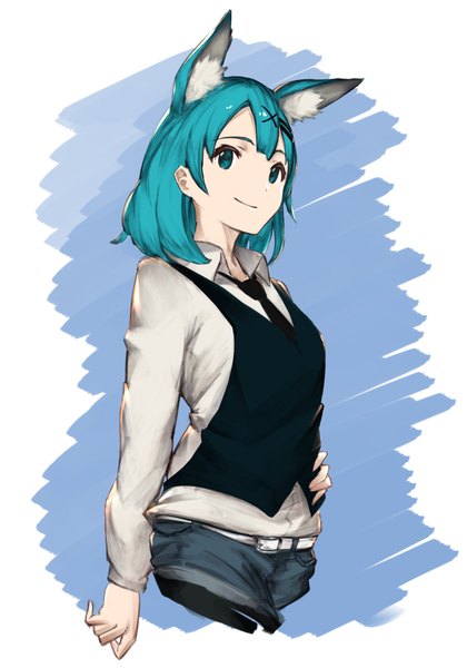 Anime picture 1400x2000 with original eir (machi) yashigaras single tall image looking at viewer blush fringe highres short hair open mouth simple background smile hair between eyes holding animal ears tail long sleeves animal tail aqua eyes