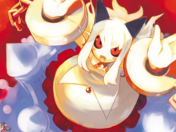 Anime picture 1024x768 with phantom kingdom pram (phantom kingdom) harada takehito single long hair looking at viewer open mouth red eyes game cg white hair :d horn (horns) from above arms up watermark demon girl