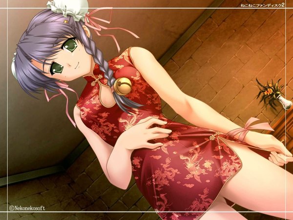 Anime picture 1600x1200 with green eyes purple hair chinese clothes chinese dress tagme