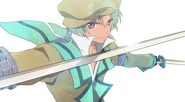 Anime picture 1000x550 with tales of (series) tales of innocence spada belforma nic (kevin) single looking at viewer short hair simple background smile wide image white background green hair grey eyes spread arms girl weapon sword katana cap