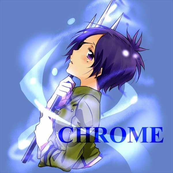 Anime picture 1000x1000 with katekyou hitman reborn chrome dokuro matsurinnu single looking at viewer short hair open mouth simple background purple eyes purple hair profile blue background double buttons girl weapon trident