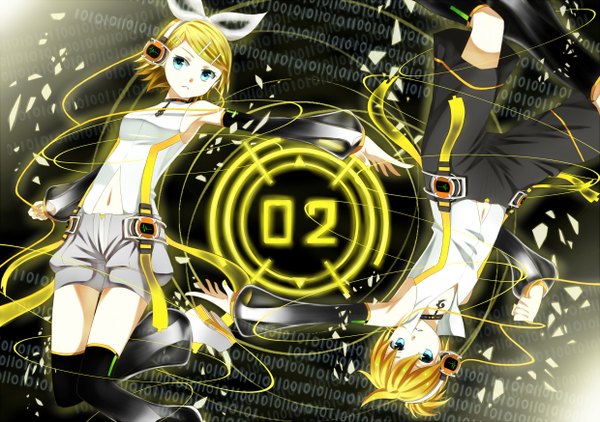 Anime picture 2480x1748 with vocaloid vocaloid append kagamine rin kagamine len kagamine rin (append) kagamine len (append) tagme (artist) highres short hair blue eyes blonde hair twins girl boy hair ornament bow hair bow detached sleeves shorts headphones