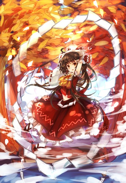 Anime picture 2031x2952 with touhou hakurei reimu single long hair tall image blush highres open mouth brown hair brown eyes girl dress bow plant (plants) hair bow detached sleeves tree (trees) gohei ofuda