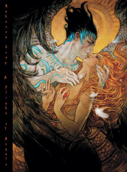 Anime picture 1000x1350 with a flight of angels original rebecca guay (artist) long hair tall image short hair black hair signed blue hair orange hair tattoo couple hug wavy hair pale skin black wings almost kiss girl boy wings
