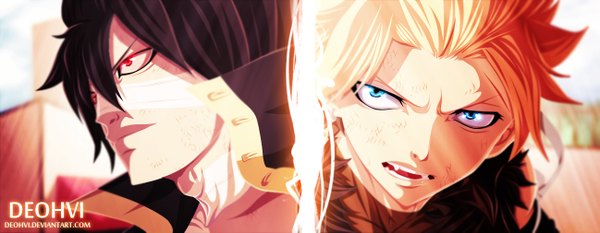 Anime picture 1297x505 with fairy tail sting eucliffe rogue cheney deohvi short hair blue eyes black hair blonde hair red eyes wide image sunlight open clothes coloring close-up multiview manga boy fur