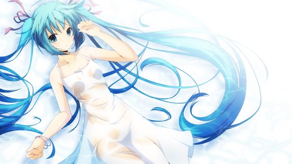 Anime picture 1920x1080 with vocaloid hatsune miku yuzuki kei single highres blue eyes simple background wide image white background twintails blue hair very long hair girl ribbon (ribbons) hair ribbon sundress