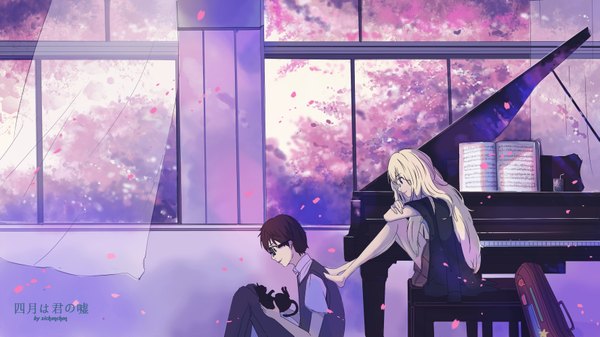 Anime picture 3543x1993 with shigatsu wa kimi no uso a-1 pictures miyazono kaori arima kousei xi chen chen long hair highres short hair blonde hair smile brown hair wide image sitting holding indoors profile pleated skirt barefoot short sleeves girl