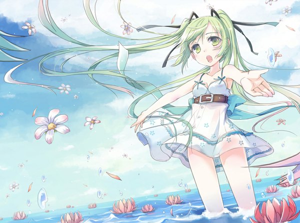Anime picture 1029x767 with vocaloid hatsune miku jin young-in long hair open mouth twintails sky cloud (clouds) aqua eyes aqua hair loli girl flower (flowers) petals water sundress
