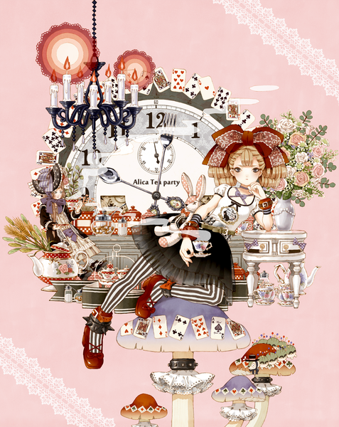 Anime picture 1247x1569 with alice in wonderland original hamondo single tall image looking at viewer blush fringe brown hair purple eyes holding arm support kneeling striped pink background steam girl skirt flower (flowers) bow