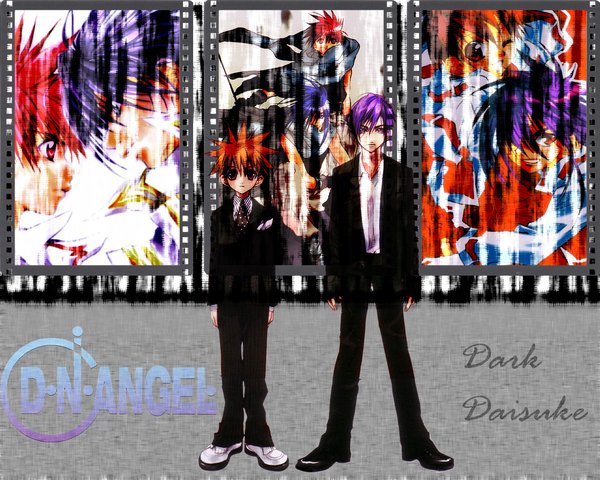 Anime picture 1280x1024 with d.n.angel xebec niwa daisuke dark mousy sugisaki yukiru short hair red eyes standing purple hair full body red hair multiple boys copyright name third-party edit spiked hair boy necktie 2 boys suit