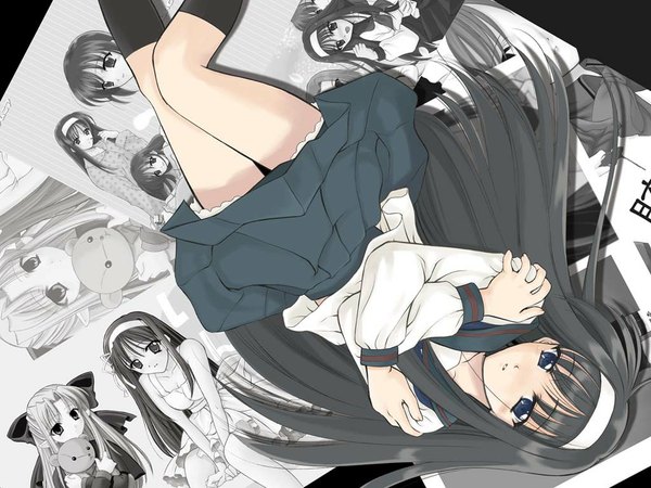 Anime picture 1024x768 with shingetsutan tsukihime kagetsu tooya type-moon toono akiha len (tsukihime) ren (black angel) long hair long sleeves pleated skirt solo focus crossed arms third-party edit rotated girl skirt uniform school uniform socks serafuku hairband