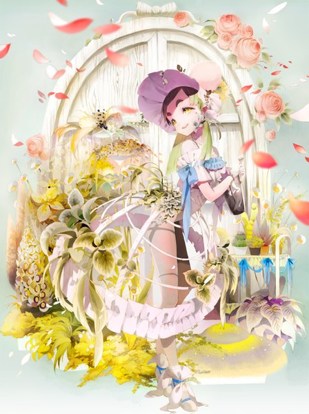 Anime picture 1116x1495 with original pixiv fantasia pixiv fantasia new world single long hair tall image blush open mouth smile standing holding yellow eyes green hair teeth girl dress gloves flower (flowers) ribbon (ribbons) plant (plants)