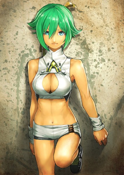 Anime picture 661x935 with aquarion (series) aquarion evol satelight zessica wong ninny-world single tall image looking at viewer fringe short hair breasts light erotic smile hair between eyes large breasts standing bare shoulders cleavage bent knee (knees) aqua eyes