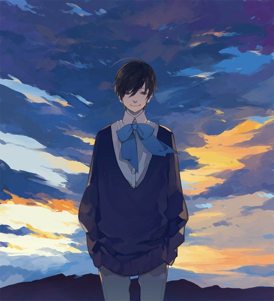Anime picture 1024x1124 with original tanjiu single tall image short hair black hair smile sky ahoge black eyes hands in pockets boy bowtie