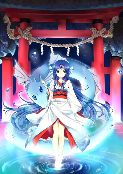 Anime picture 1300x1836 with original hanabana (notenotenote) long hair tall image highres blue eyes blue hair japanese clothes barefoot girl water kimono dragon