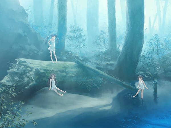 Anime picture 1024x768 with original isou nagi long hair short hair black hair twintails multiple girls girl plant (plants) tree (trees) water 3 girls sundress forest child (children)