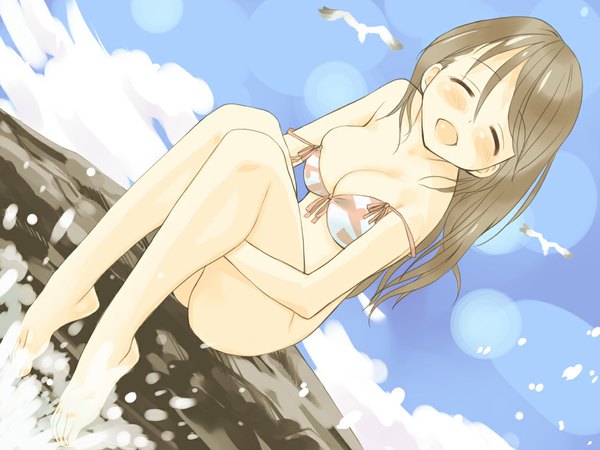 Anime picture 1024x768 with original gk light erotic sky eyes closed bottomless swimsuit bikini