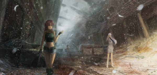 Anime picture 1200x579 with black lagoon bakuretsu tenshi jormungand white fox madhouse revy (black lagoon) jo (bakuretsu tenshi) koko hekmatyar zi ye (hbptcsg2) long hair brown hair wide image bare shoulders multiple girls brown eyes white hair snowing winter walking crossover