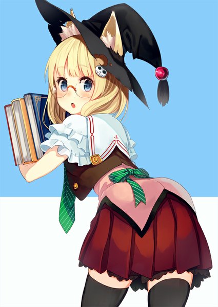 Anime picture 637x900 with paseri single tall image looking at viewer blush fringe short hair open mouth blonde hair standing holding animal ears pleated skirt looking back from behind :o leaning zettai ryouiki leaning forward fox ears