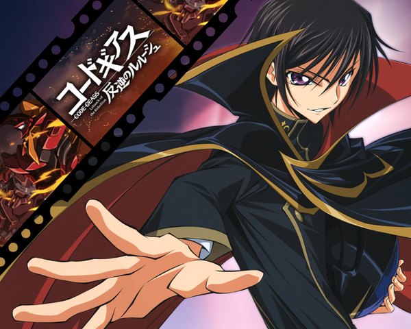Anime picture 1280x1024 with code geass sunrise (studio) lelouch lamperouge fukano youichi kumagai taeko single looking at viewer fringe short hair black hair hair between eyes purple eyes upper body light smile copyright name outstretched arm third-party edit boy cape