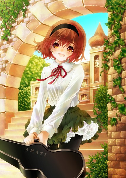 Anime picture 745x1050 with yuzu 5101 single tall image looking at viewer blush short hair open mouth brown hair brown eyes girl skirt plant (plants) shirt hairband