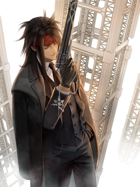 Anime picture 945x1255 with final fantasy final fantasy vii square enix vincent valentine white-corner single long hair tall image black hair standing eyes closed from above hand in pocket clothes on shoulders boy gloves weapon black gloves necktie hairband