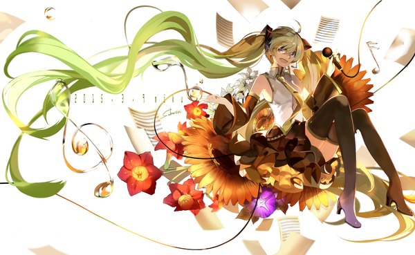 Anime picture 1920x1183 with vocaloid hatsune miku saberiii single highres open mouth wide image sitting twintails signed ahoge very long hair green hair high heels character names girl skirt flower (flowers) detached sleeves miniskirt