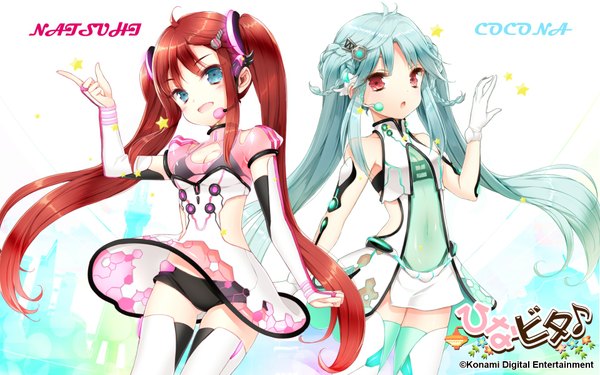 Anime picture 1920x1200 with hinabita shinonome cocona shinonome natsuhi cuteg long hair looking at viewer blush highres open mouth blue eyes light erotic smile red eyes twintails multiple girls red hair braid (braids) aqua hair girl thighhighs