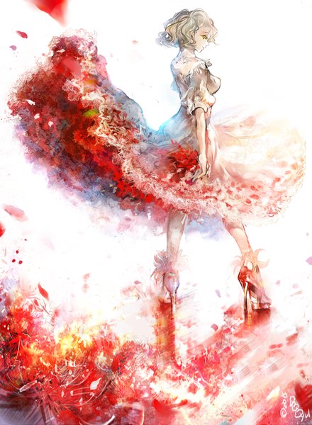 Anime picture 660x900 with original salvia single tall image short hair breasts blonde hair standing signed profile high heels wavy hair girl dress flower (flowers) white dress rose (roses) red dress red rose