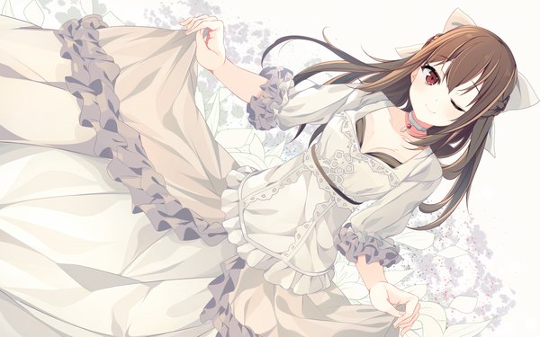 Anime picture 1920x1200 with koi suru kanojo no bukiyou na butai togawa mayuu benio (dontsugel) single long hair looking at viewer fringe highres smile red eyes brown hair white background one eye closed wink half updo girl dress bow hair bow