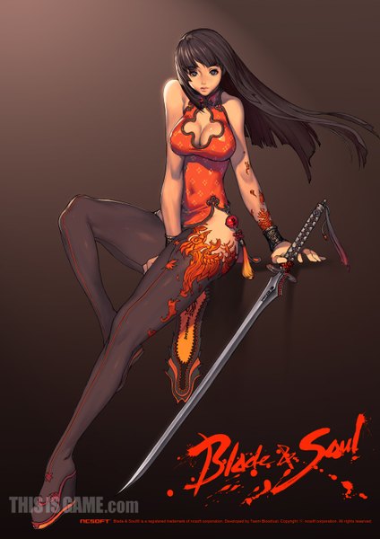 Anime picture 1024x1448 with blade & soul kim hyung tae single long hair tall image looking at viewer highres breasts light erotic black hair cleavage grey eyes gradient background covered navel watermark chinese clothes girl weapon sword bracelet