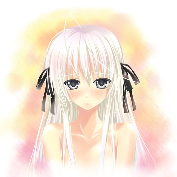 Anime picture 1000x1000 with yosuga no sora kasugano sora hika (cross-angel) single long hair looking at viewer blush light erotic white hair silver eyes girl ribbon (ribbons) hair ribbon